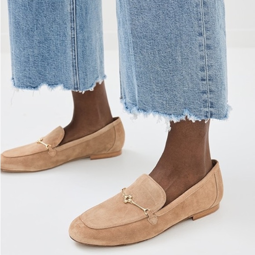 Larroude Suede Tan Loafers with Gold Bit